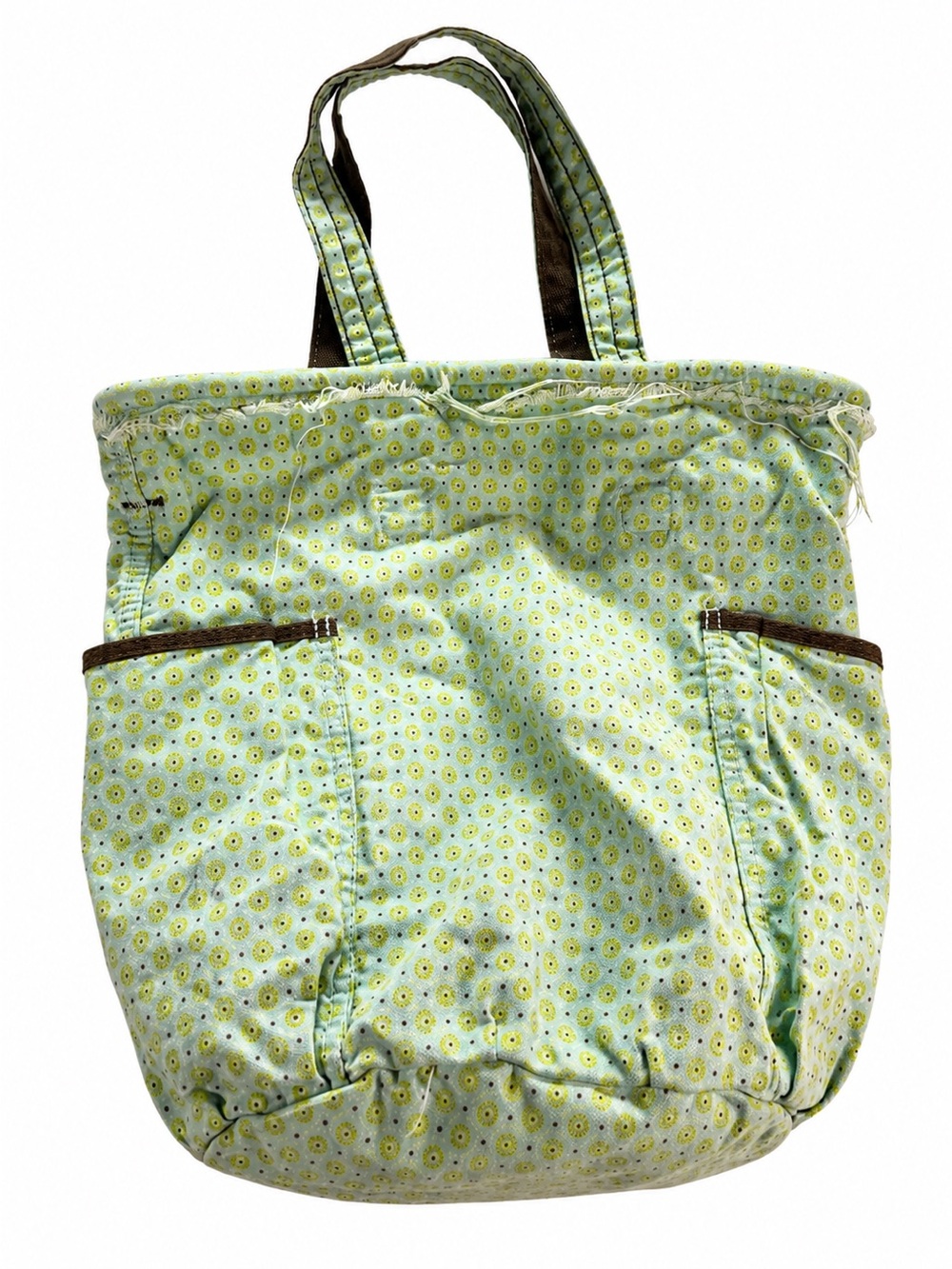 Thirty-One Quilted Tote Bag Mint Green Floral Print Brown Trim Organizer Purse - Picture 2 of 9